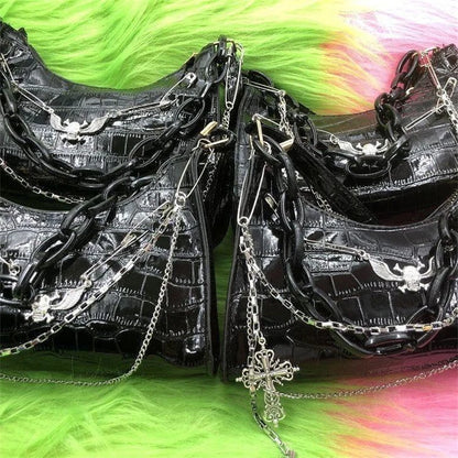 Gothic Dark Punk Underarm Bag With Skull Shoulder Bag Y2k Chain Crocodile Pattern Crossbody Bag  Popular Aesthetic Bags