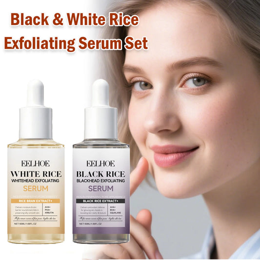 eelhoe Black & White Rice Exfoliating Serum Set BHA Niacinamide Pore Minimizing & Brightening Blackhead Whitehead Remover Skincare Set