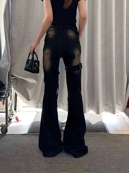 American High Street Spliced Cargo Jeans for Women Summer New Vintage Washed Design High Waist Slimming Flared Pants Women