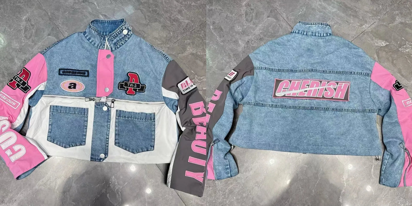European Trend Suit Women 2026 Spring New Denim Splicing Letter Embroidered Long-sleeved Top Elastic Waist Trousers Casual Sets