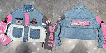 European Trend Suit Women 2026 Spring New Denim Splicing Letter Embroidered Long-sleeved Top Elastic Waist Trousers Casual Sets