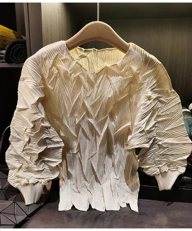 LANMREM New Batwing Sleeve Pleated Women's T-shirt American Style Loose Versatile Chic Round Collar Pullover Tops 2DB6558