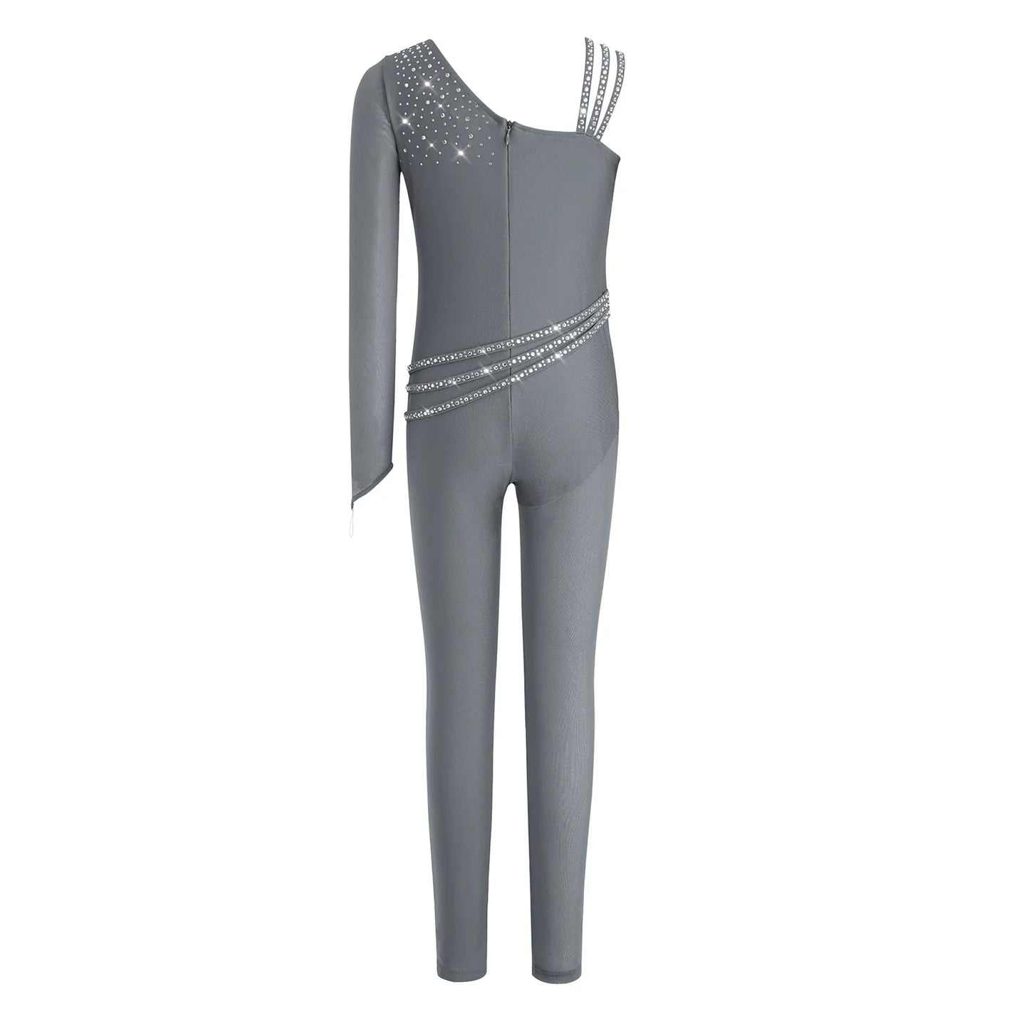 Kids Girls Ballet Dance Gymnastics Leotard Shiny Rhinestones Mesh Asymmetrical Jumpsuit for Figure Skating Acrobatic Performance