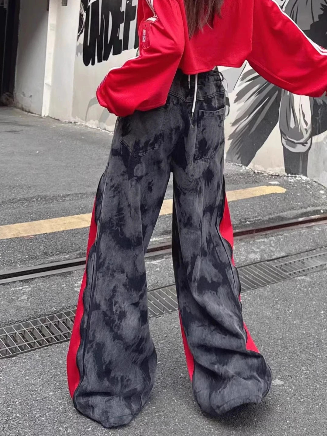 European Style Women's Jeans 2026 Spring New Heavy Zipper Pleated Color-Block Design Loose Trendy Long Pants