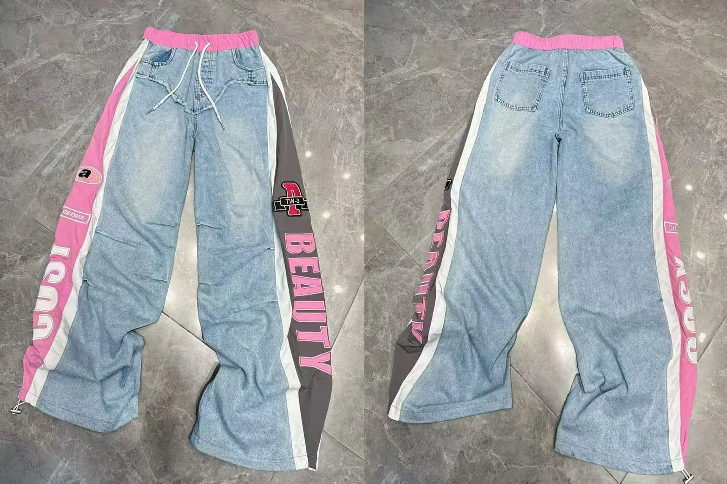 European Trend Suit Women 2026 Spring New Denim Splicing Letter Embroidered Long-sleeved Top Elastic Waist Trousers Casual Sets