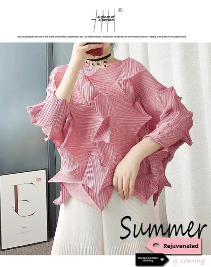 Diamond Pleated Top 8161 Artistic Raglan Sleeve Crew Neck T-Shirt  Spring Summer Fashionable Pleated Des