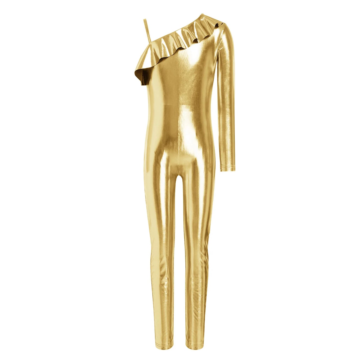 Kids Girls Metallic Shiny Ballet Dance Unitards Figure Skating Acrobatics Gymnastics Leotard One Shoulder Long Sleeve Jumpsuit