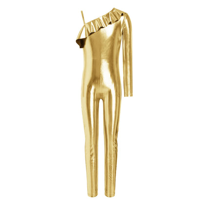 Kids Girls Metallic Shiny Ballet Dance Unitards Figure Skating Acrobatics Gymnastics Leotard One Shoulder Long Sleeve Jumpsuit