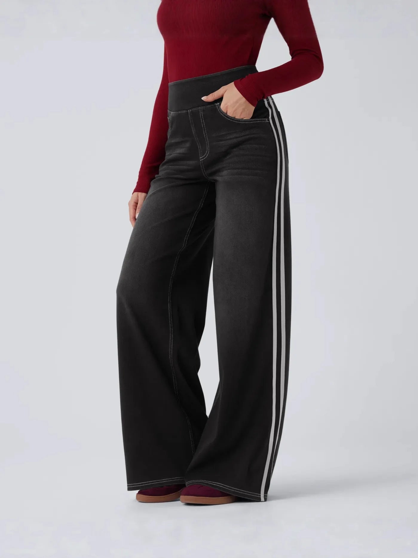 Retro Washed Blue Side Stripe Jeans Women's Y2K High Street Loose Wide Leg Pants Casual Comfortable High Waist Denim Jeans