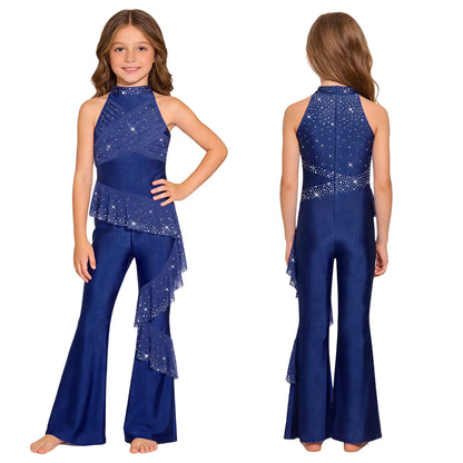 Kids Girls Figure Skating Jumpsuit Ballet Gymnastics Acrobatics Dance Leotard Sleeveless Shiny Rhinestones Ruffles Mesh Bodysuit