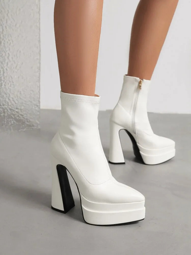New 2026 Style Fashion High-heeled Women's Boots Solid PU Pointed Toe Zipper Platform Square Heel Women's Boots