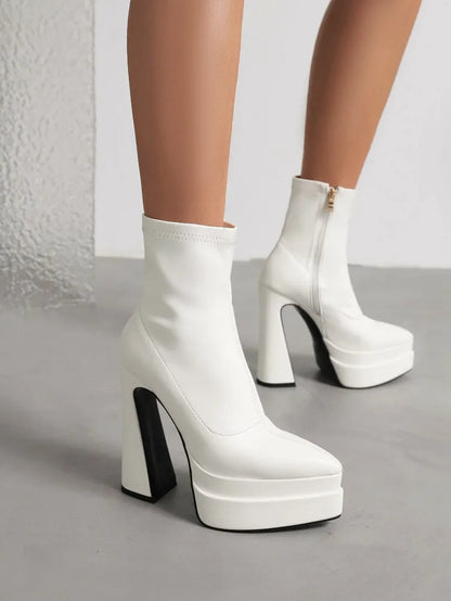 New 2026 Style Fashion High-heeled Women's Boots Solid PU Pointed Toe Zipper Platform Square Heel Women's Boots