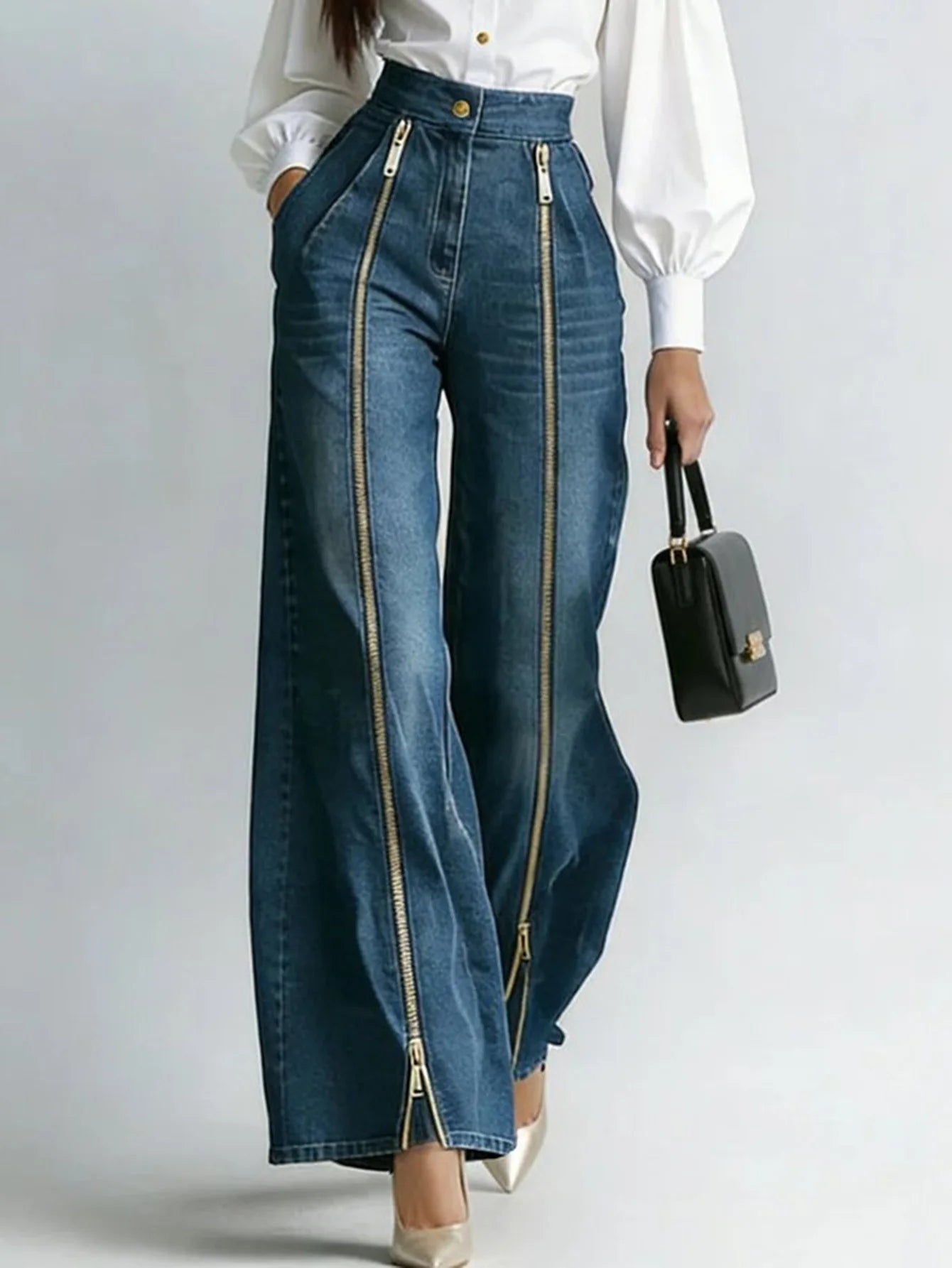 Women's Fashion Zipper Decor Slant Pocket Wide Leg Jeans Casual Pockets High Waist Elegant Loose Denim Trousers