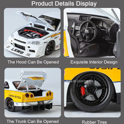 Bugatti Tourbillon, Nissan Skyline GTR, Model Sports 1:24 Car Alloy Diecast Sound Light Doors Opened Shock Absorption Ornament Supercar Toys Gift