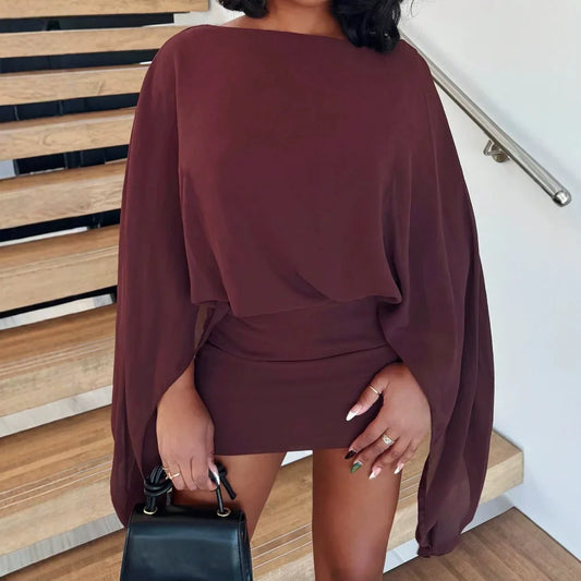 New Wine Red Off Shoulder Cape Style Short Dress for Women's Fashion Evening Dress Party Dress Summer Fall Temperament Beach Vacation
