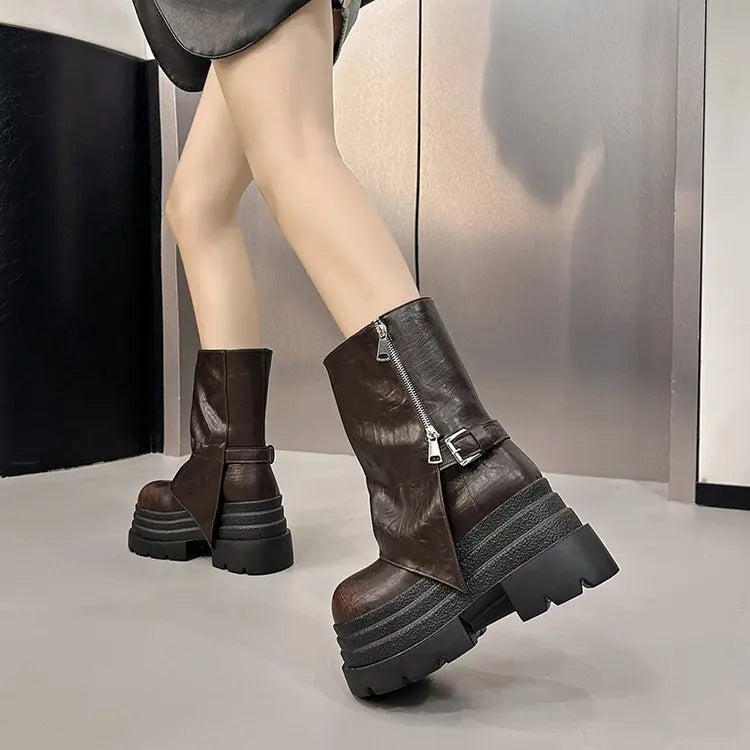 NEW Women's Leather Ankle Boots 10CM Heels Chunky Platform Combat Boots Non Slip Motorcycle Shoes Woman Punk Boots