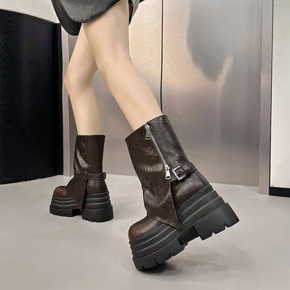 NEW Women's Leather Ankle Boots 10CM Heels Chunky Platform Combat Boots Non Slip Motorcycle Shoes Woman Punk Boots