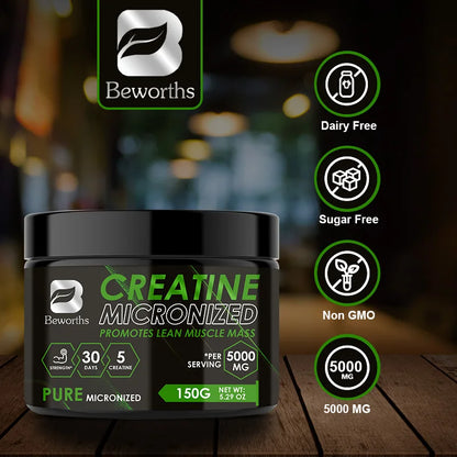 Beworths Creatine Monohydrate Powder 5000Mg for Pre Workout Muscle Building Cellular Energy Brain Immune Health for Gym