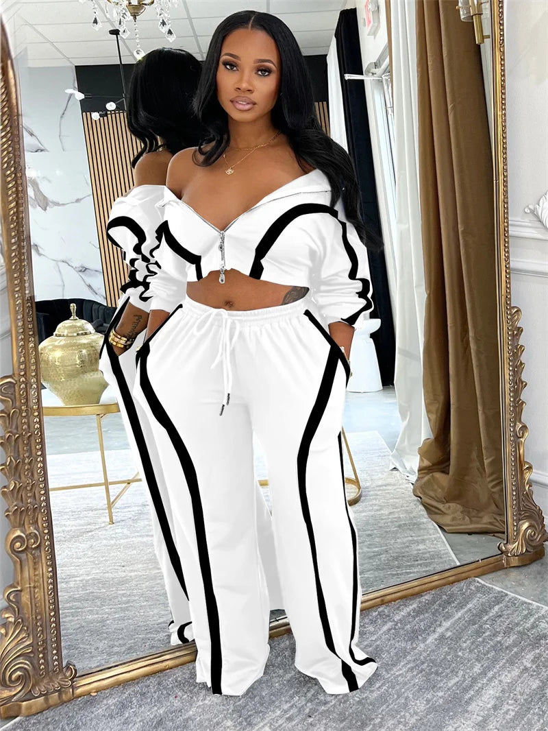 Doyerl Striped Casual Two Piece Set Woman Tracksuit Sports Joggers Zip Long Sleeve Jacket and Sweatpants Matching Sets Outfits