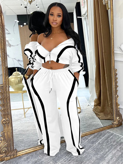 Doyerl Striped Casual Two Piece Set Woman Tracksuit Sports Joggers Zip Long Sleeve Jacket and Sweatpants Matching Sets Outfits