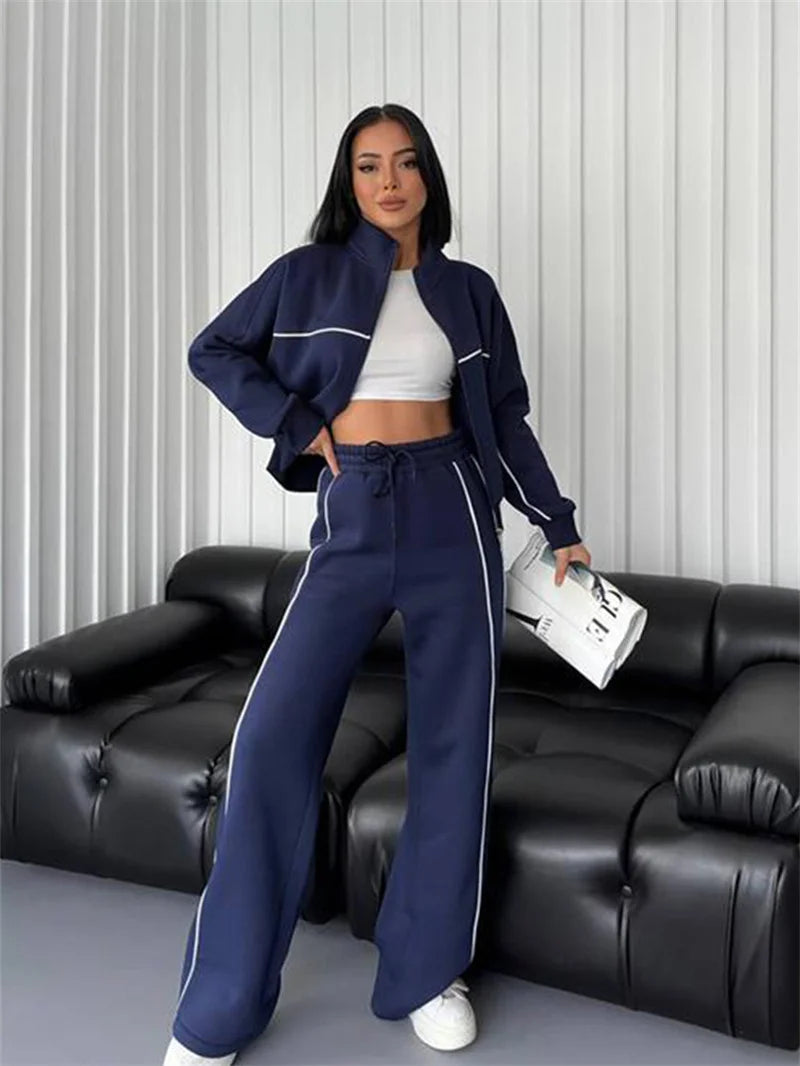 Sweatshirt Two-piece Suit Women's Oversize Striped Casual Sports Sets Zipper-up Short Jacket Straight Trousers 2-piece Sets