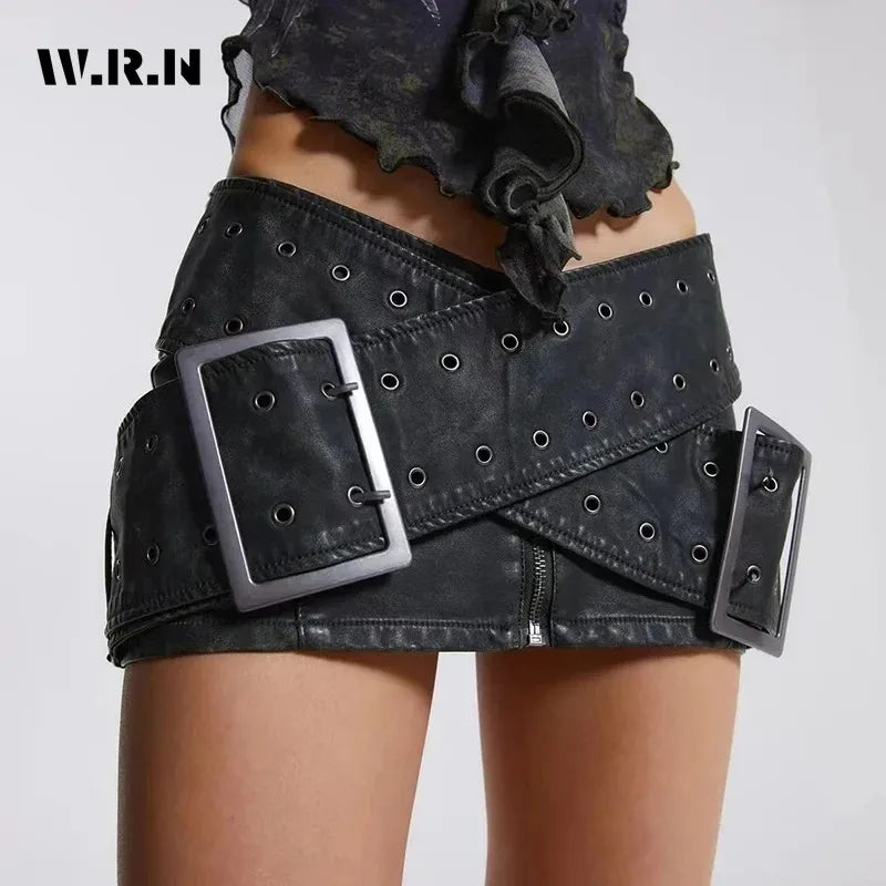 .Spring Casual Retro Style Sashes Y2k Fashion Leather Skirts Women's Vintage High Waist Slim Fit A-line Hotsweet Mini Skirt