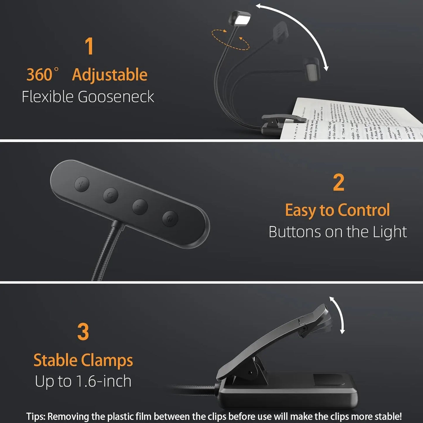 Eye Caring Clip-on Reading Book Light 3 Colors 10 Brightness USB Rechargeable Flexible Easy Clip For Piano Lamp Sheet Music Read