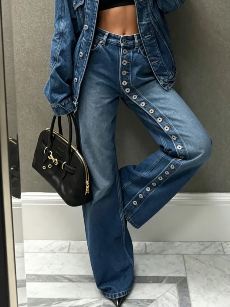 SHENGPALAE European And American Style Single-sided Multi Button Straight Leg Jeans For Women 2026 New