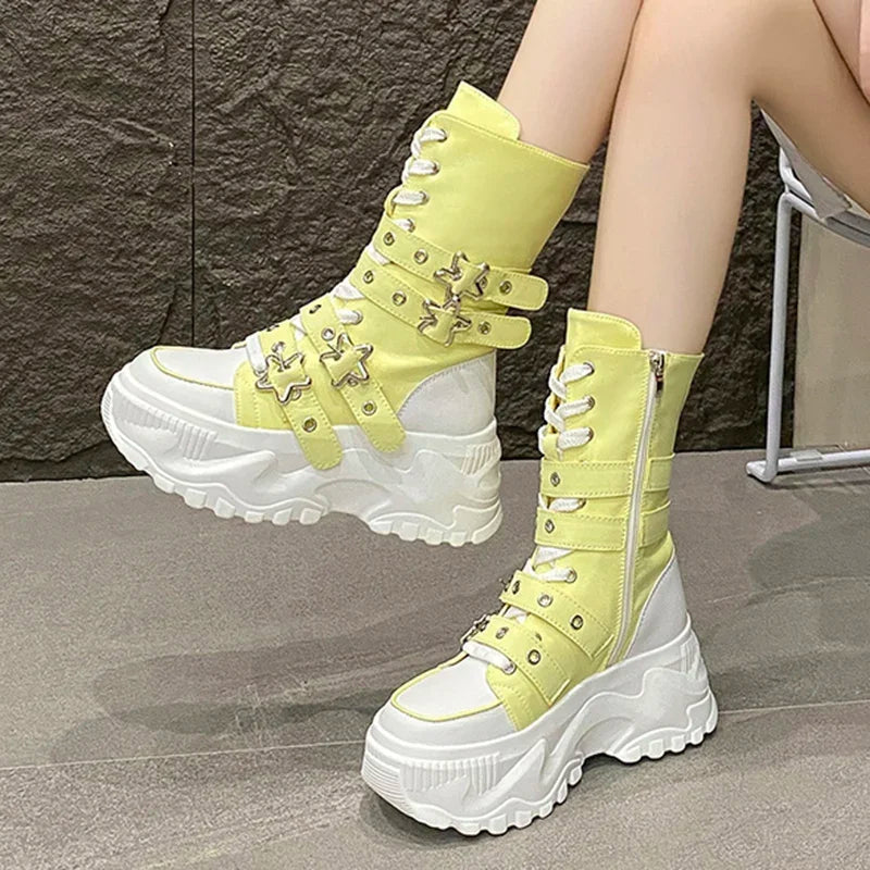 New Rock Platform Y2K Boots Women Summer 2026 Gothic Metal Star Belt Buckle Thick Sole Mid Calf Boots Woman Designer Punk Shoes
