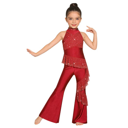 Kids Girls Figure Skating Jumpsuit Ballet Gymnastics Acrobatics Dance Leotard Sleeveless Shiny Rhinestones Ruffles Mesh Bodysuit