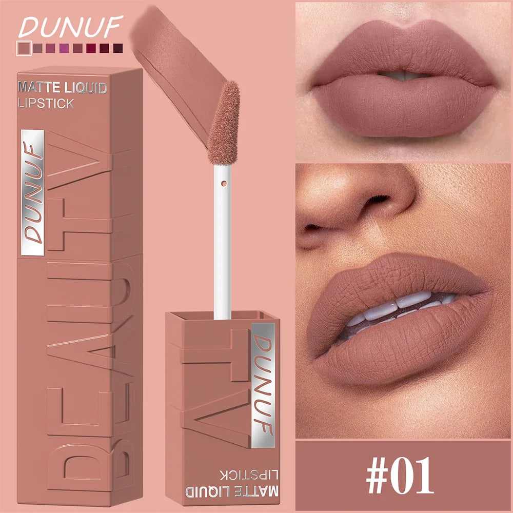 DUNUF  8-color matte velvet smooth easy-to-apply square tube lip gloss waterproof three-dimensional plumping lipstick