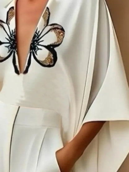 Gymystars Fashion Set of Pants Woman 2026 High-Low Flower Print V-Neck Tops Casual Wide Leg Pockets Pants Two Piece Set Outfit