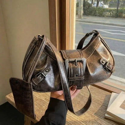 Shoulder Bags Y2K Retro Style Shoulder Bag, Maillard Pleated Rivet Armpit Bag, Fashionable Ladies Cool Leather Shoulder Bag