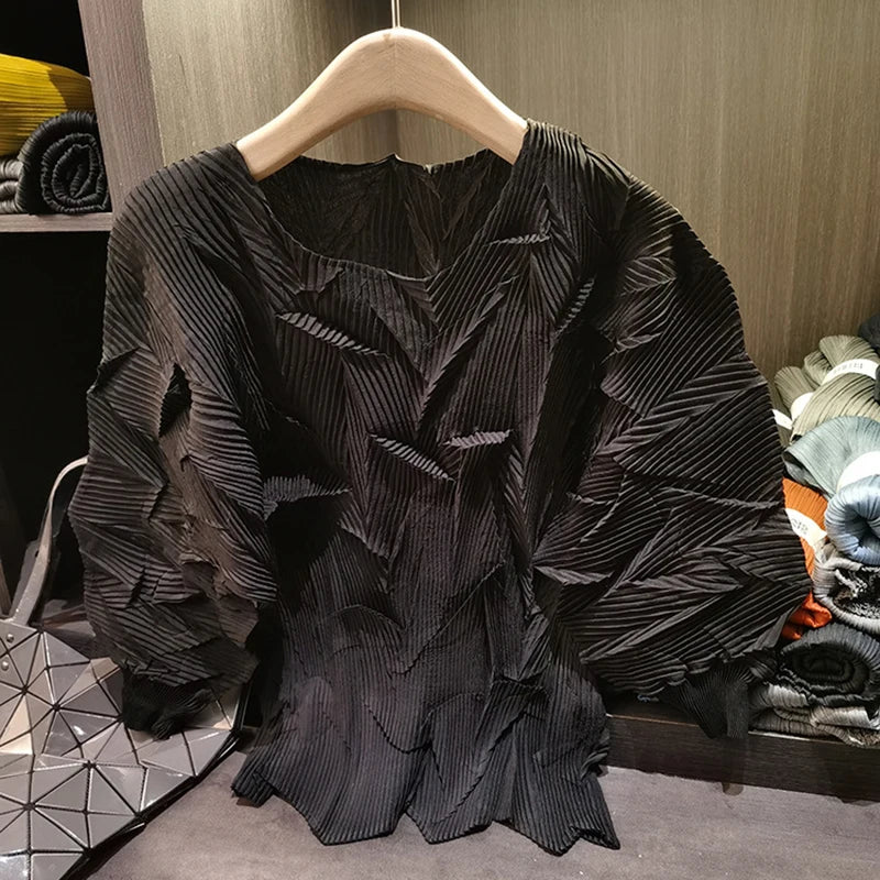 LANMREM New Batwing Sleeve Pleated Women's T-shirt American Style Loose Versatile Chic Round Collar Pullover Tops 2DB6558