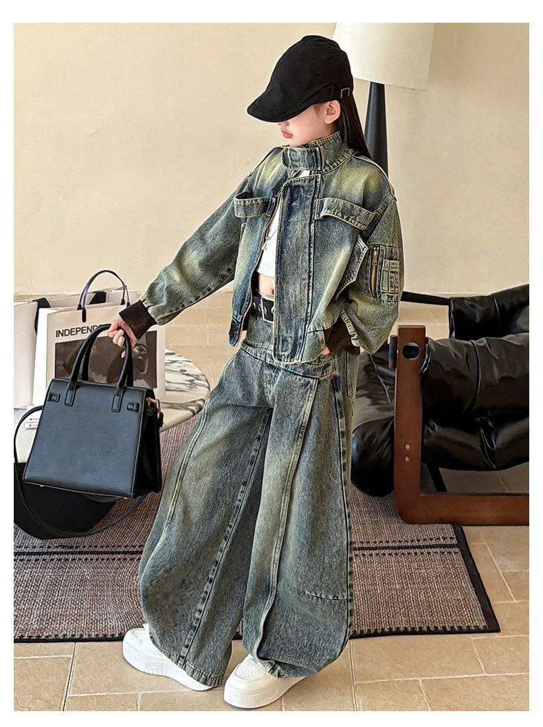 American Retro Denim Set for Girls  2026 Spring New Style Buttoned Collar Coat and Floor-Length Pants Set 5-13Y