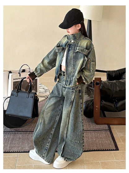 American Retro Denim Set for Girls  2026 Spring New Style Buttoned Collar Coat and Floor-Length Pants Set 5-13Y