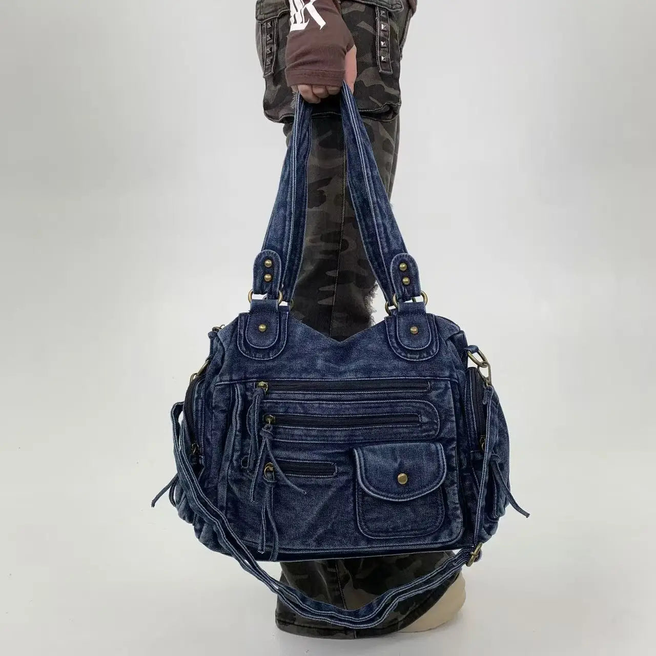 Y2K Street Personalized Women's Multi Pocket Shoulder Bag Large Capacity Retro Motorcycle Tote Bag