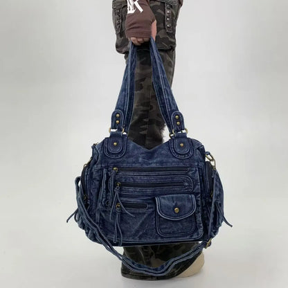 Y2K Street Personalized Women's Multi Pocket Shoulder Bag Large Capacity Retro Motorcycle Tote Bag