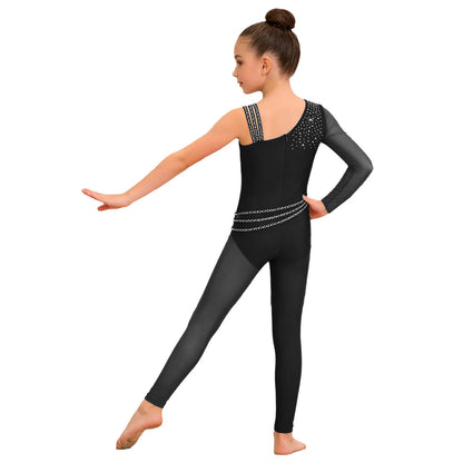 Kids Girls Ballet Dance Gymnastics Leotard Shiny Rhinestones Mesh Asymmetrical Jumpsuit for Figure Skating Acrobatic Performance