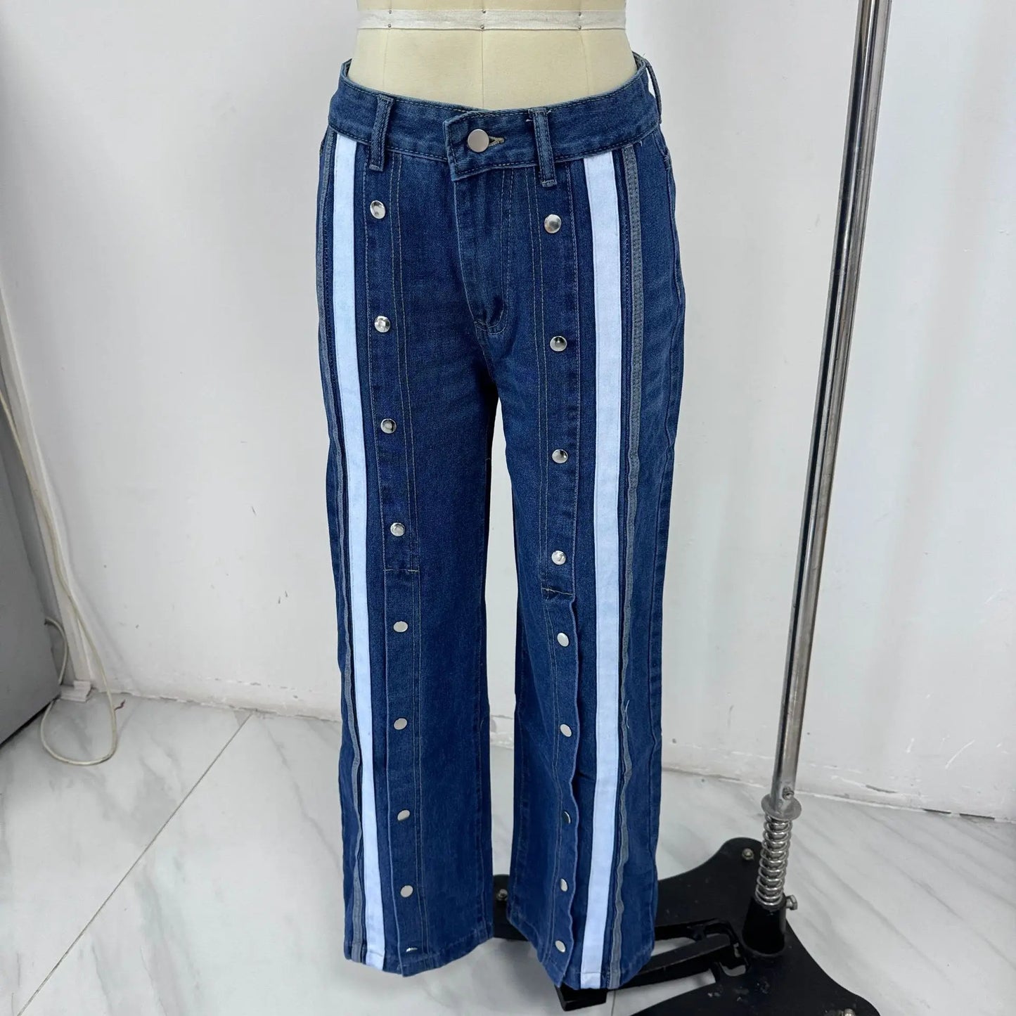 New European American Fashionable, Retro and Individuality Wide-leg Floor-length Denim Trousers with A Slit and Two-tone Design