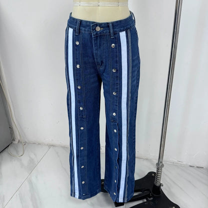 New European American Fashionable, Retro and Individuality Wide-leg Floor-length Denim Trousers with A Slit and Two-tone Design
