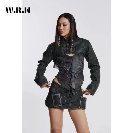 .Spring Casual Retro Style Sashes Y2k Fashion Leather Skirts Women's Vintage High Waist Slim Fit A-line Hotsweet Mini Skirt