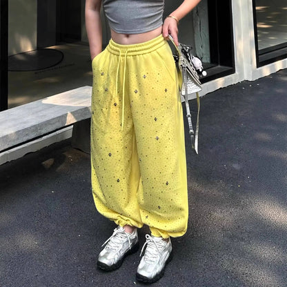 2026 Spring Hot Drilled Cotton Pants Women Elastic Waist Wide-Leg Pants Loose JLJ655