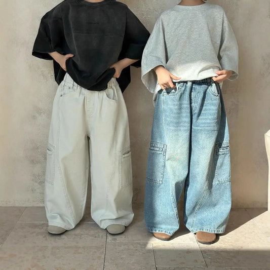 YBFSKID Spring 2026 Children Jeans Cotton Infant Babys Boys Wide Leg Pants Versatile Elastic Waist Toddler Kids Boys Trousers