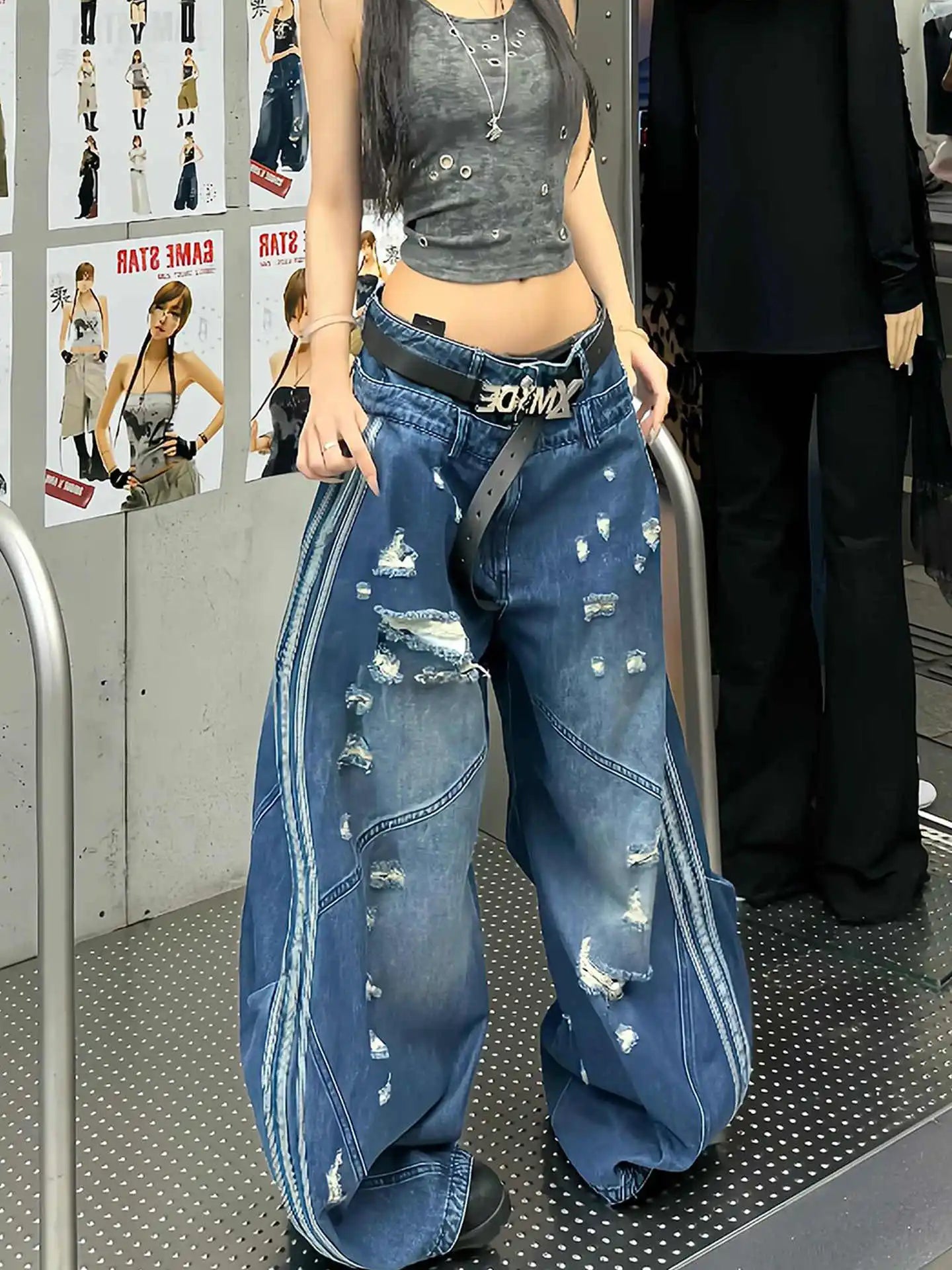 Vintage Blue Women Ripped Jeans High Waist Hip Hop Straight Baggy Denim Pants Streetwear Y2K American Retro Wide Leg Trousers