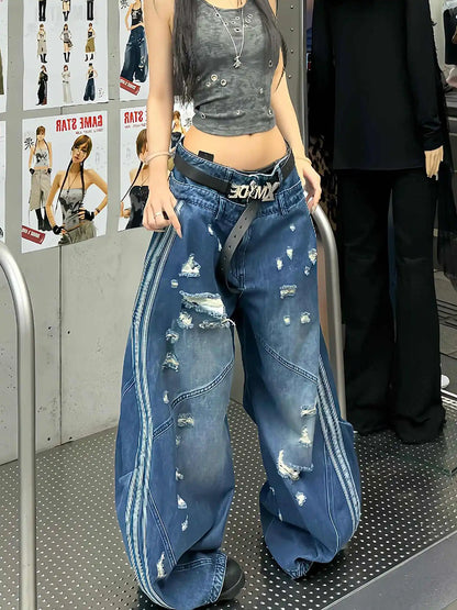 Vintage Blue Women Ripped Jeans High Waist Hip Hop Straight Baggy Denim Pants Streetwear Y2K American Retro Wide Leg Trousers
