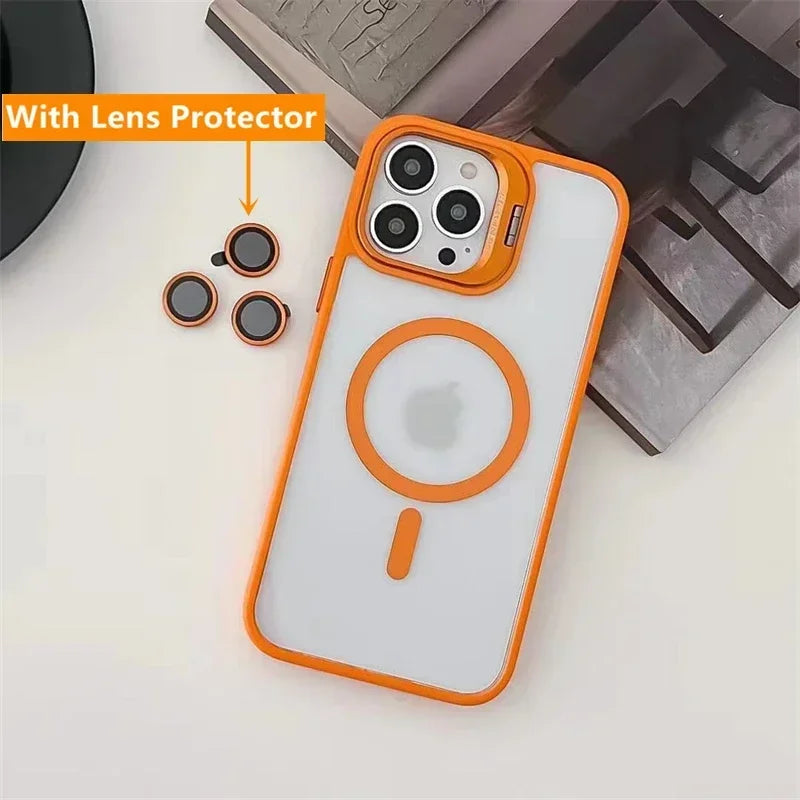 Luxury Magnetic Ring Stand Case For Magsafe For iPhone 17 16 15 14 Plus 13 12 Pro Max Wireless Charge Case With Lens Protector