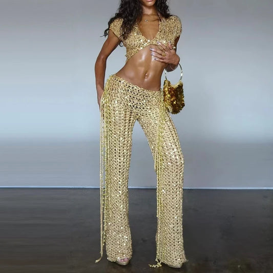 Women Fashion Sequined Party Set Casual Short Sleeve Tassel Mini Skirt 2Pc Suits 2026 Elegant V-neck Crop Top with Skirt Outfits