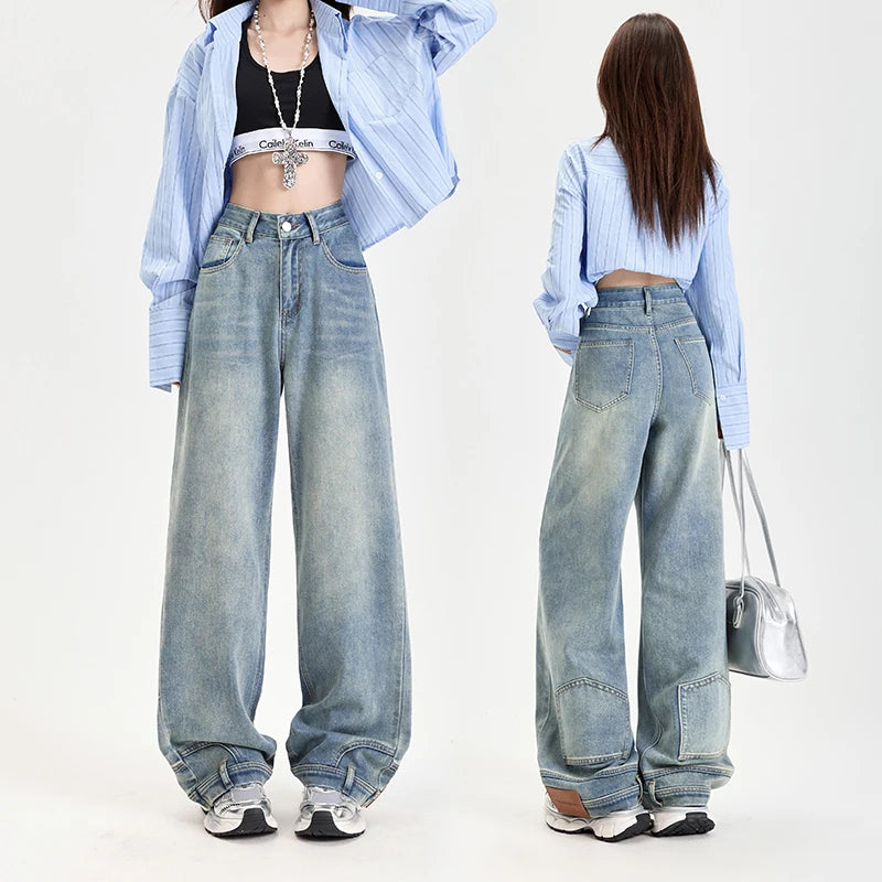 Ins Fashion American Retro Baggy High Waisted Jeans Woman High Street Denim Pants Reversible Trousers Streetwear Y2K Loose Jeans
