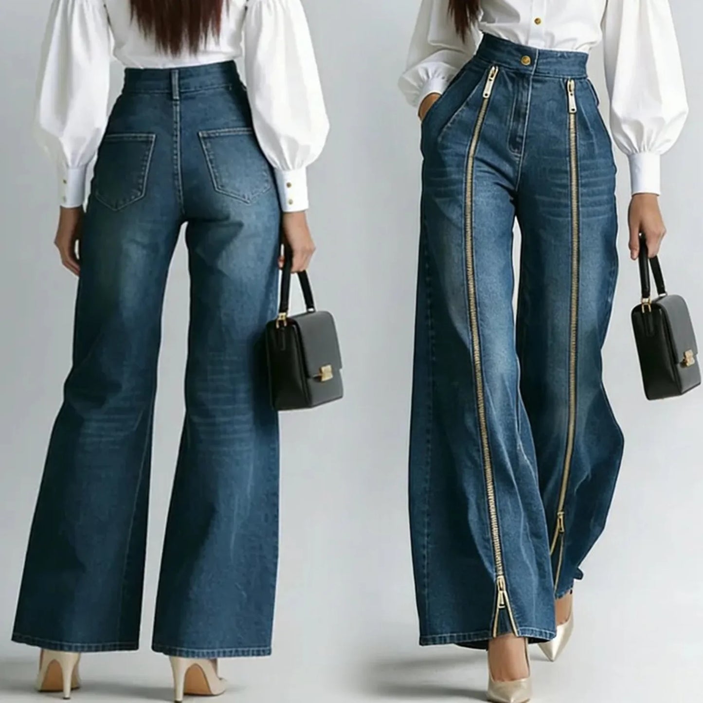 Women's Fashion Zipper Decor Slant Pocket Wide Leg Jeans Casual Pockets High Waist Elegant Loose Denim Trousers